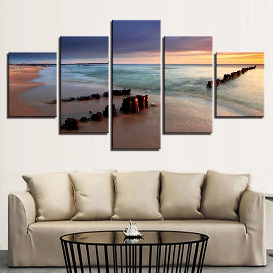 Sunshine Beach 5 Piece HD Multi Panel Canvas Wall Art Frame - Original Frame