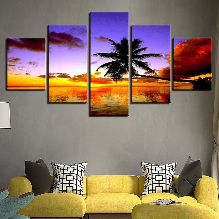 Coconut Trees Sunset 5 Piece HD Multi Panel Canvas Wall Art Frame - Original Frame