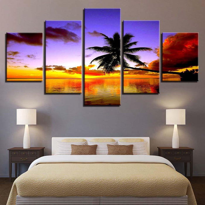 Coconut Trees Sunset 5 Piece HD Multi Panel Canvas Wall Art Frame - Original Frame