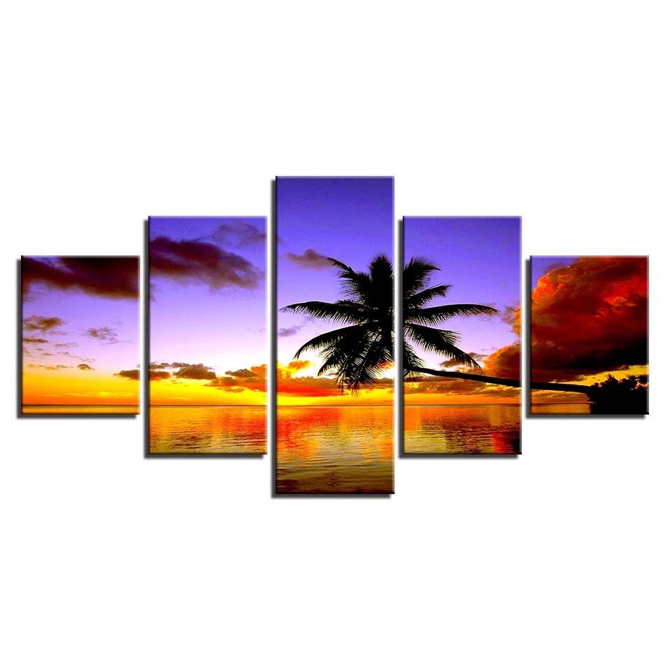 Coconut Trees Sunset 5 Piece HD Multi Panel Canvas Wall Art Frame - Original Frame