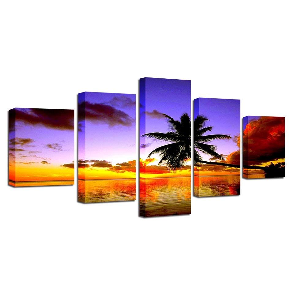 Coconut Trees Sunset 5 Piece HD Multi Panel Canvas Wall Art Frame - Original Frame
