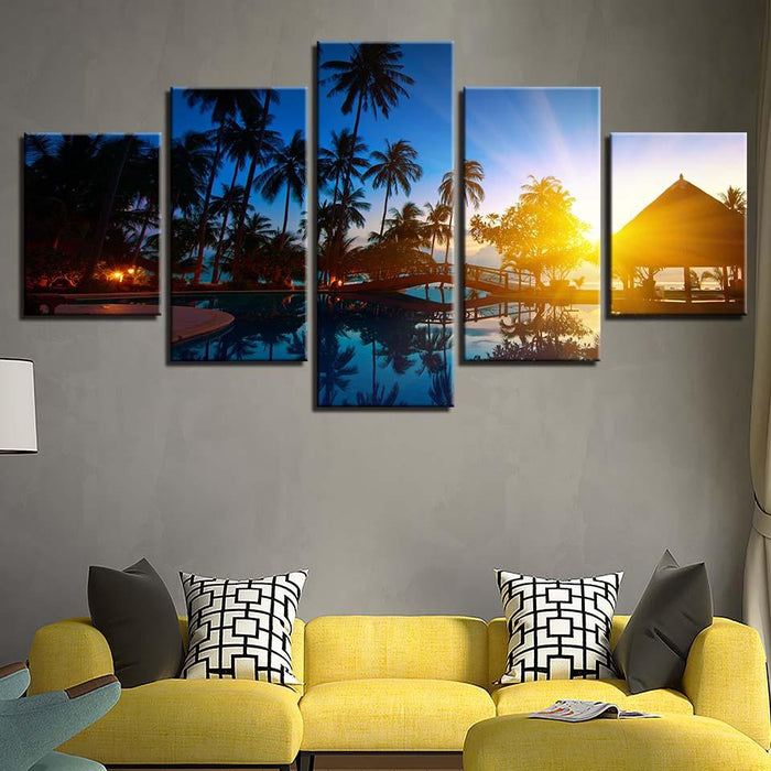 Coconut Trees And Sunset Seascape 5 Piece HD Multi Panel Canvas Wall Art Frame - Original Frame