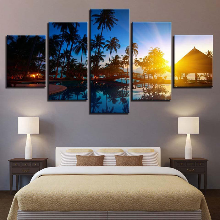 Coconut Trees And Sunset Seascape 5 Piece HD Multi Panel Canvas Wall Art Frame - Original Frame