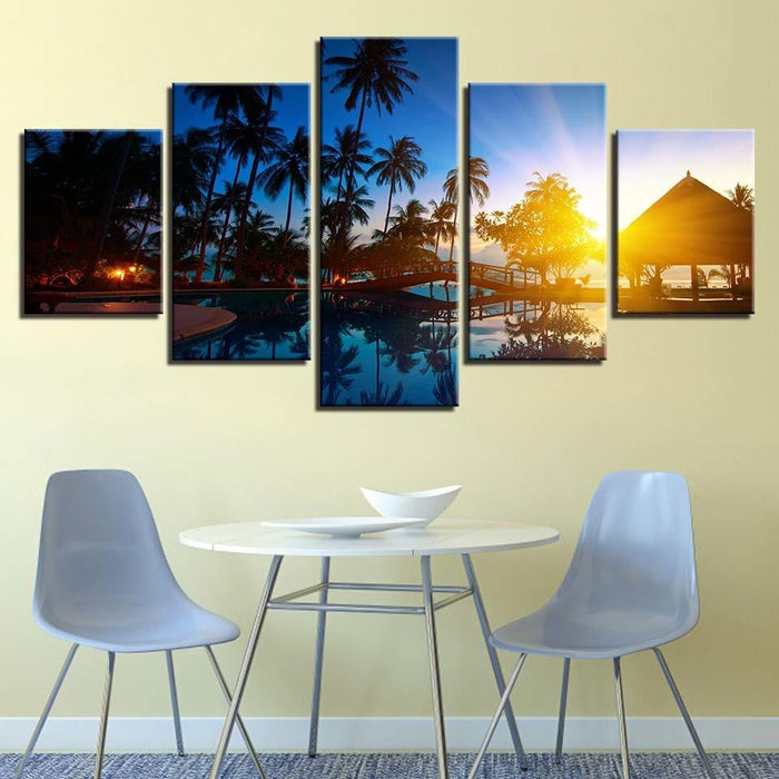 Coconut Trees And Sunset Seascape 5 Piece HD Multi Panel Canvas Wall Art Frame - Original Frame