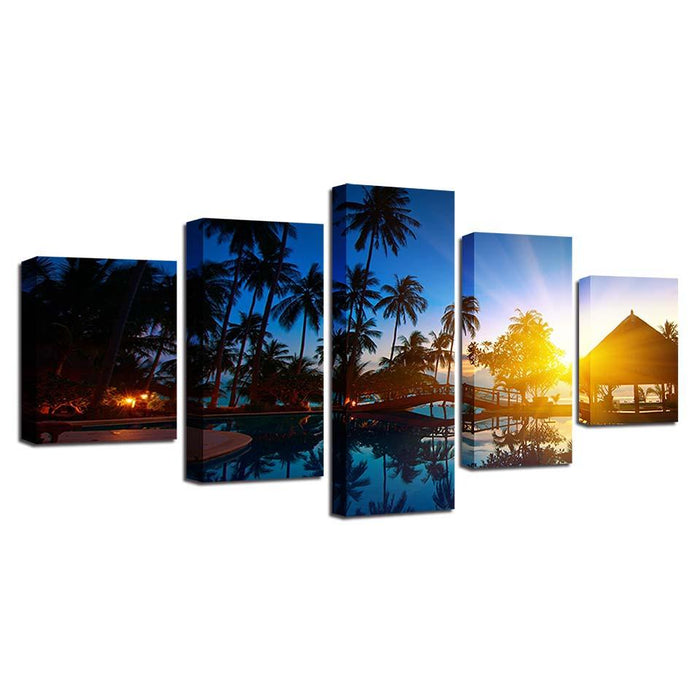 Coconut Trees And Sunset Seascape 5 Piece HD Multi Panel Canvas Wall Art Frame - Original Frame