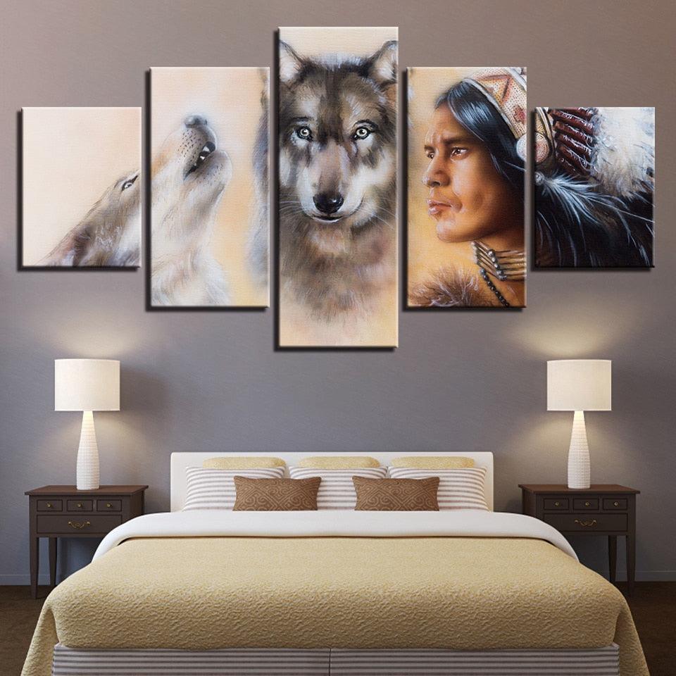 American Indian Native And Wolves 5 Piece HD Multi Panel Canvas Wall Art Frame - Original Frame