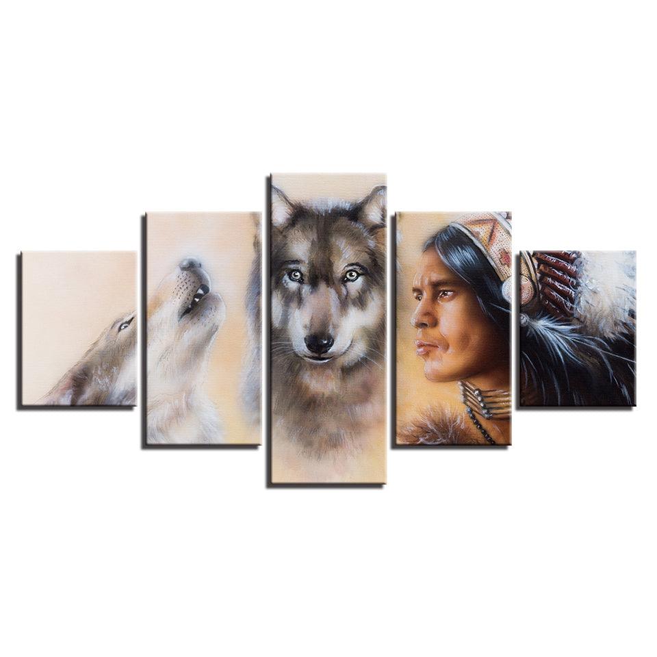 American Indian Native And Wolves 5 Piece HD Multi Panel Canvas Wall Art Frame - Original Frame