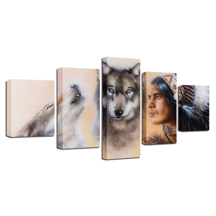 American Indian Native And Wolves 5 Piece HD Multi Panel Canvas Wall Art Frame