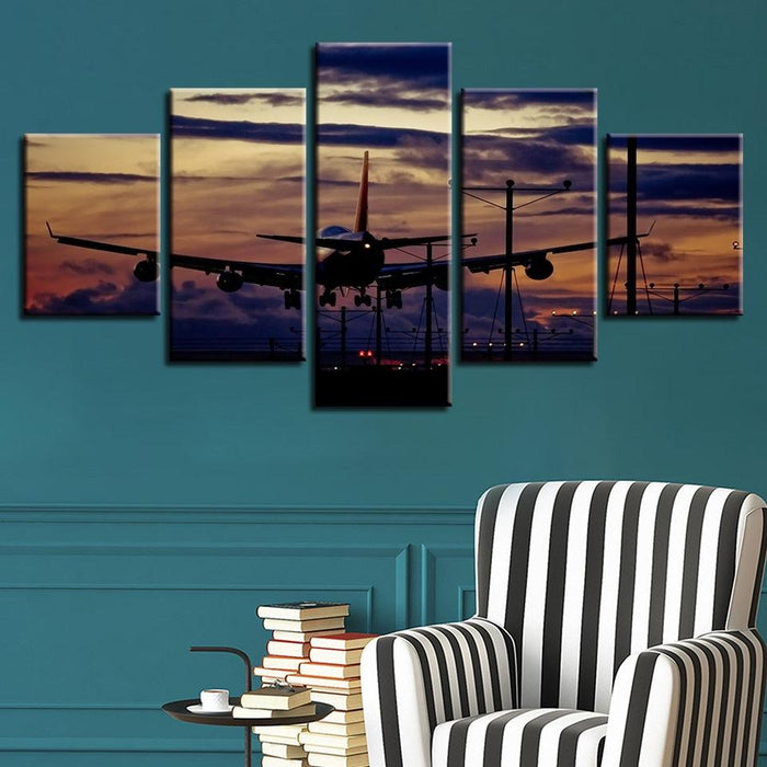 Sunset Airplane 5 Piece HD Multi Panel Canvas Wall Art Frame - Original Frame