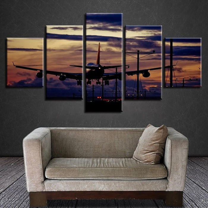 Sunset Airplane 5 Piece HD Multi Panel Canvas Wall Art Frame - Original Frame