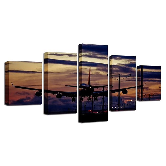 Sunset Airplane 5 Piece HD Multi Panel Canvas Wall Art Frame - Original Frame