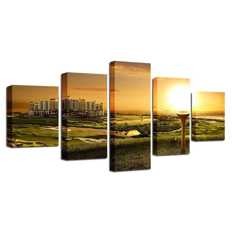 Grass Sunshine Building Scenery 5 Piece HD Multi Panel Canvas Wall Art Frame - Original Frame