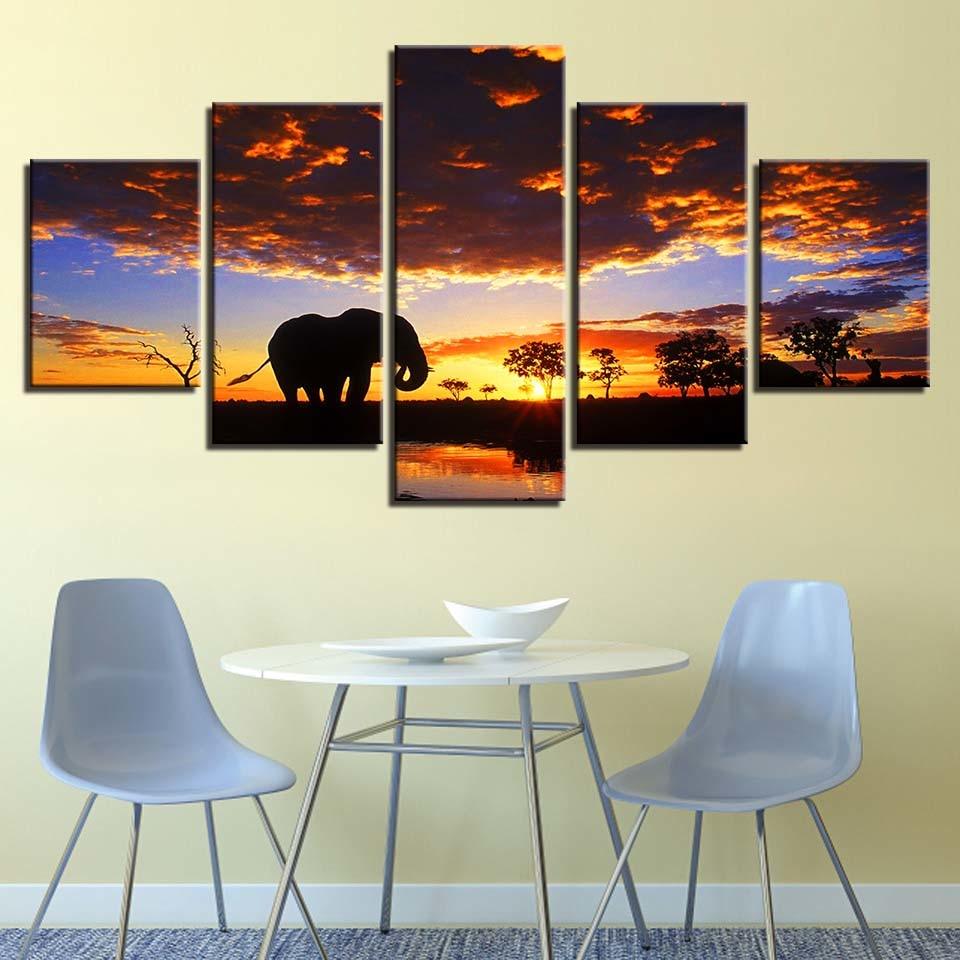 Elephant Sunset Scenery 5 Piece HD Multi Panel Canvas Wall Art Frame - Original Frame