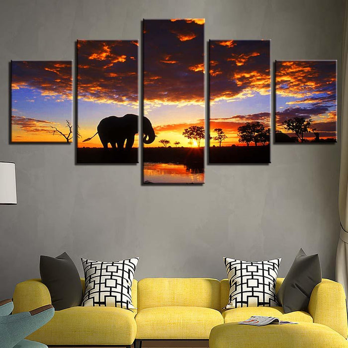 Elephant Sunset Scenery 5 Piece HD Multi Panel Canvas Wall Art Frame