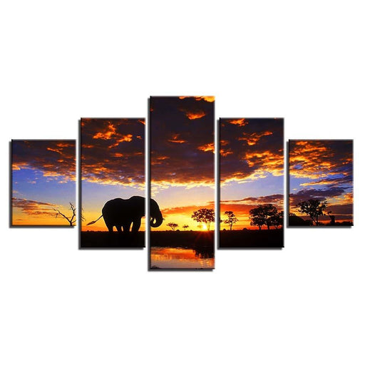 Elephant Sunset Scenery 5 Piece HD Multi Panel Canvas Wall Art Frame - Original Frame