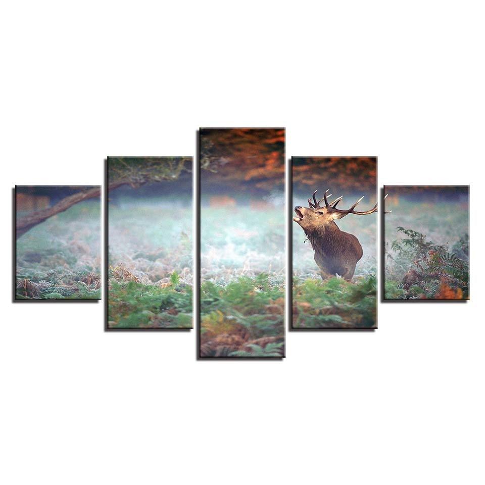 Forest Deer 5 Piece HD Multi Panel Canvas Wall Art Frame - Original Frame