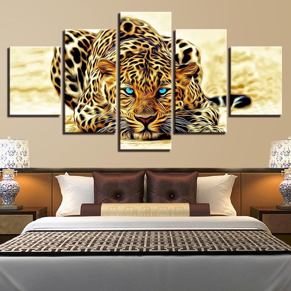 Leopard Blue Eyes 5 Piece HD Multi Panel Canvas Wall Art Frame - Original Frame