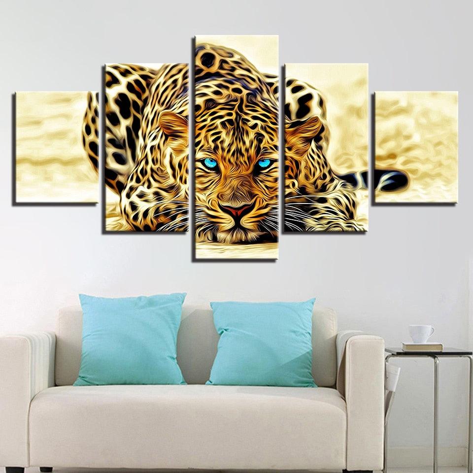 Leopard Blue Eyes 5 Piece HD Multi Panel Canvas Wall Art Frame - Original Frame