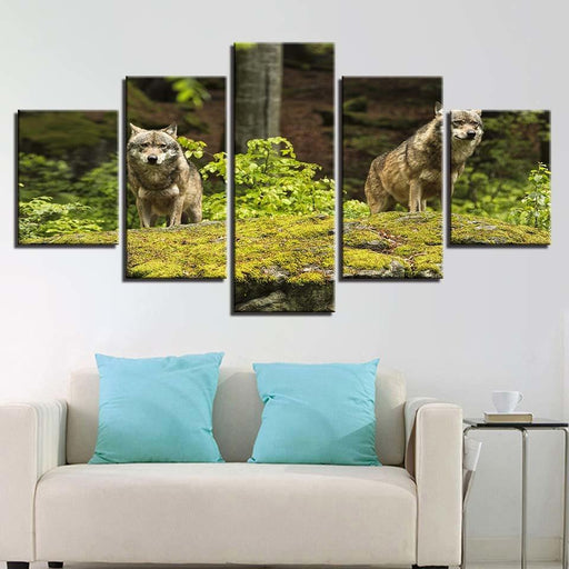 Two Wolves On Grass Land 5 Piece HD Multi Panel Canvas Wall Art Frame - Original Frame