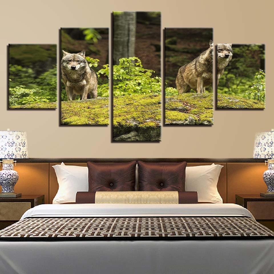 Two Wolves On Grass Land 5 Piece HD Multi Panel Canvas Wall Art Frame - Original Frame