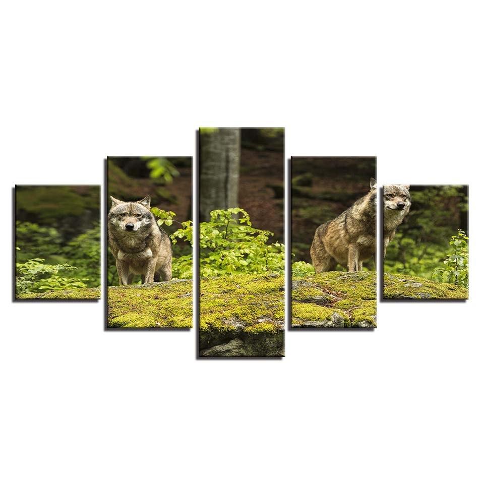 Two Wolves On Grass Land 5 Piece HD Multi Panel Canvas Wall Art Frame - Original Frame
