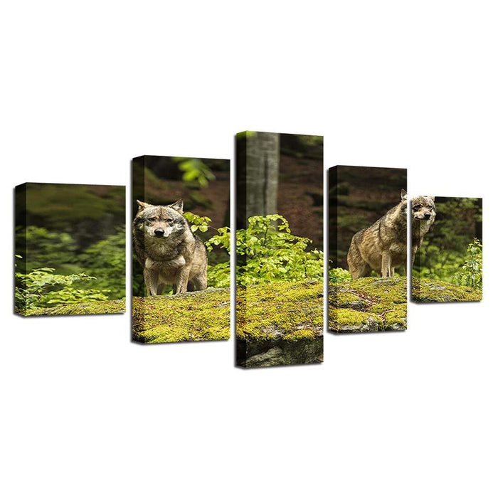 Two Wolves On Grass Land 5 Piece HD Multi Panel Canvas Wall Art Frame - Original Frame