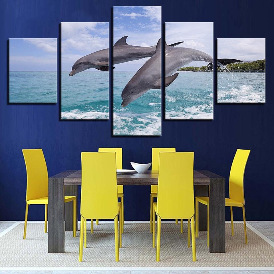 Two Dolphins Jump Out Of The Sea 5 Piece HD Multi Panel Canvas Wall Art Frame - Original Frame