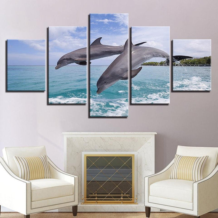 Two Dolphins Jump Out Of The Sea 5 Piece HD Multi Panel Canvas Wall Art Frame
