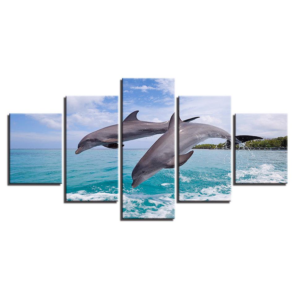 Two Dolphins Jump Out Of The Sea 5 Piece HD Multi Panel Canvas Wall Art ...