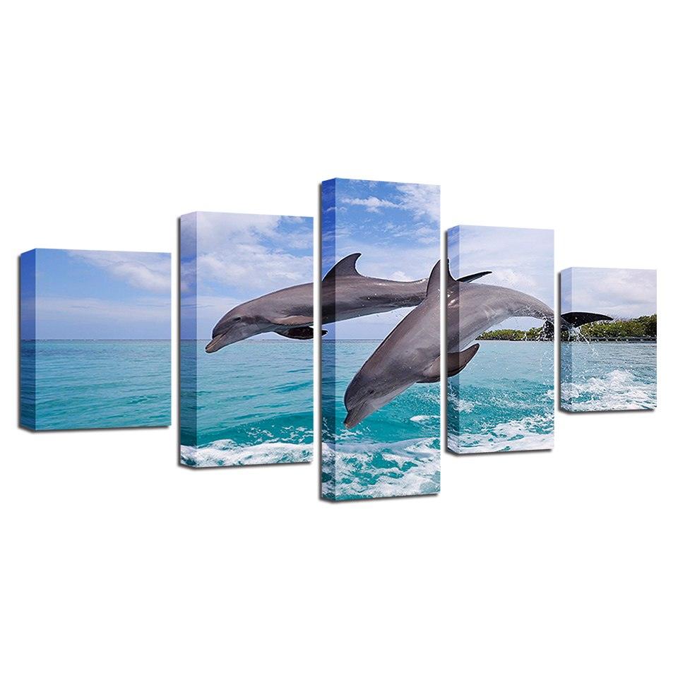 Two Dolphins Jump Out Of The Sea 5 Piece HD Multi Panel Canvas Wall Art Frame - Original Frame