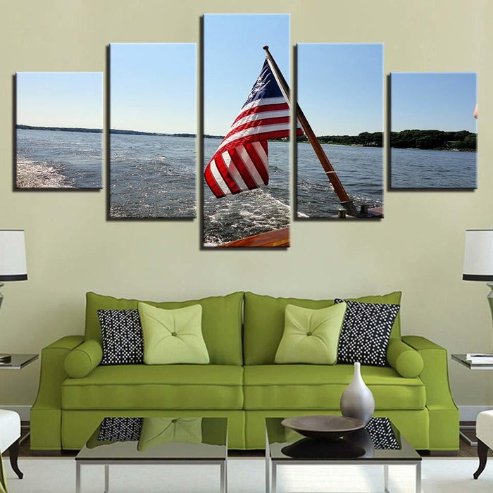 American Flag Seascape 5 Piece HD Multi Panel Canvas Wall Art Frame - Original Frame