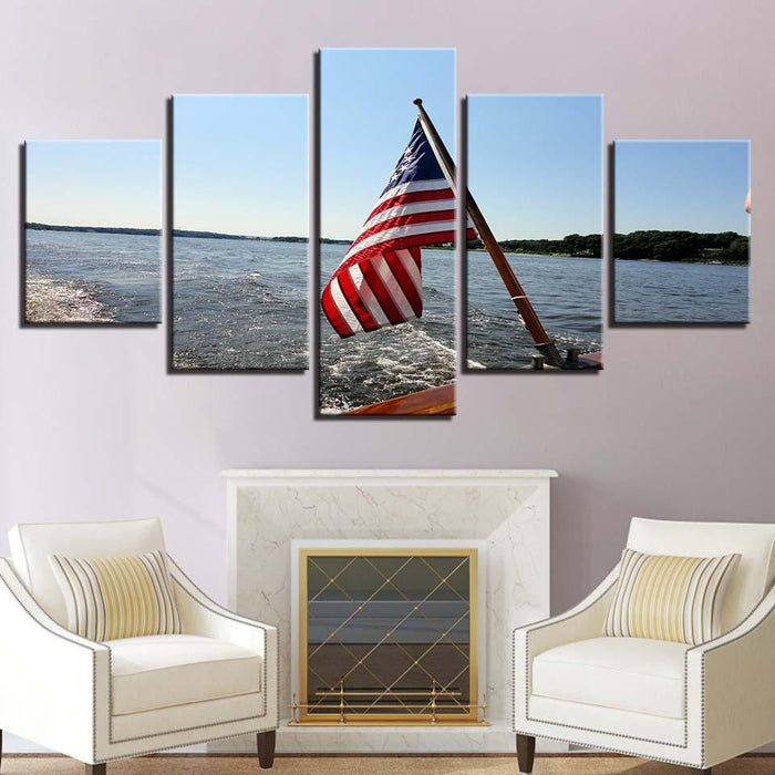 American Flag Seascape 5 Piece HD Multi Panel Canvas Wall Art Frame - Original Frame