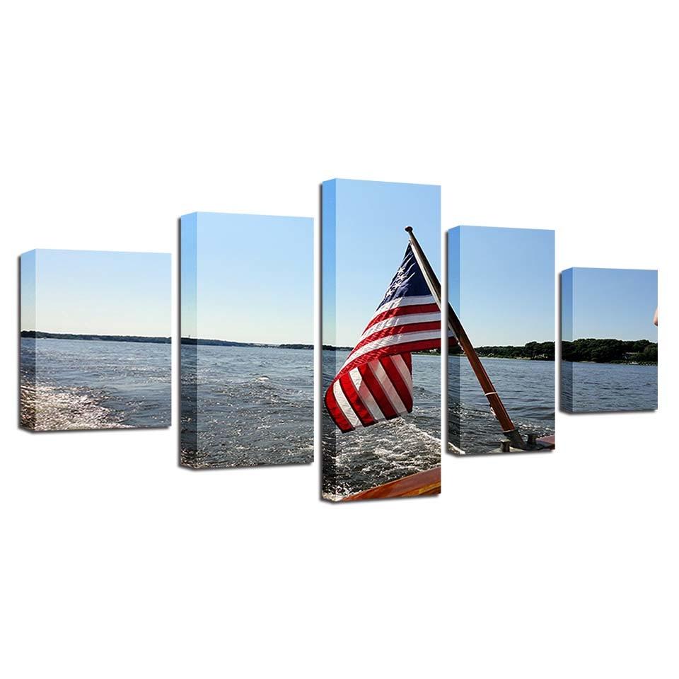 American Flag Seascape 5 Piece HD Multi Panel Canvas Wall Art Frame - Original Frame