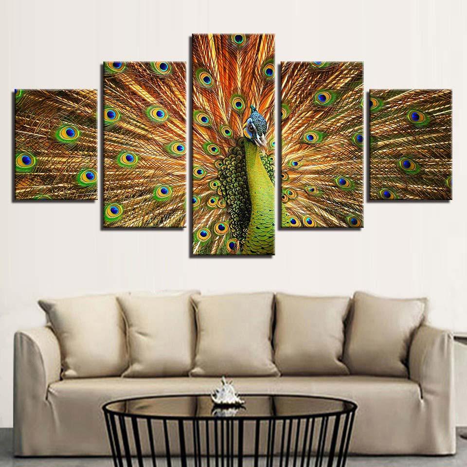 Proud Peacock 5 Piece HD Multi Panel Canvas Wall Art - Original Frame