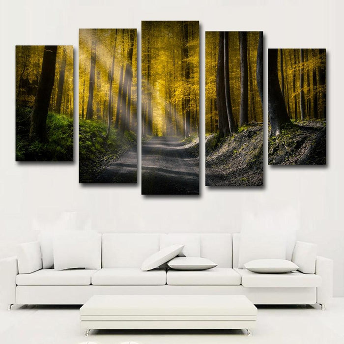 Roads And Autumn Forest 5 Piece HD Multi Panel Canvas Wall Art Frame - Original Frame