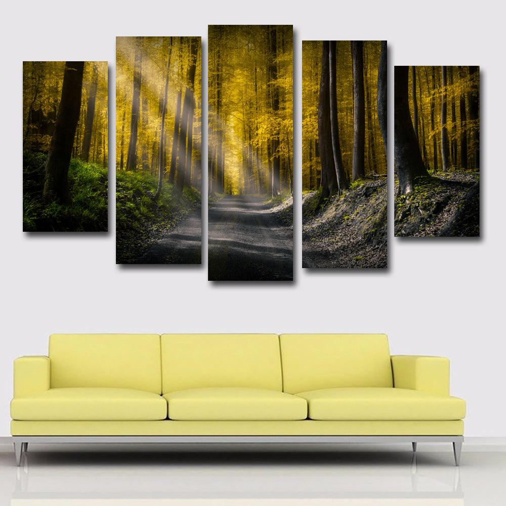Roads And Autumn Forest 5 Piece HD Multi Panel Canvas Wall Art Frame - Original Frame