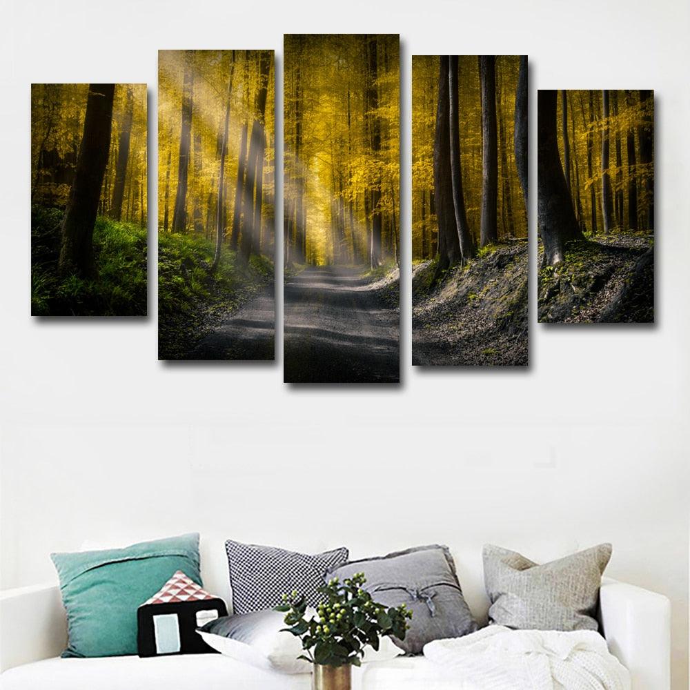 Roads And Autumn Forest 5 Piece HD Multi Panel Canvas Wall Art Frame - Original Frame