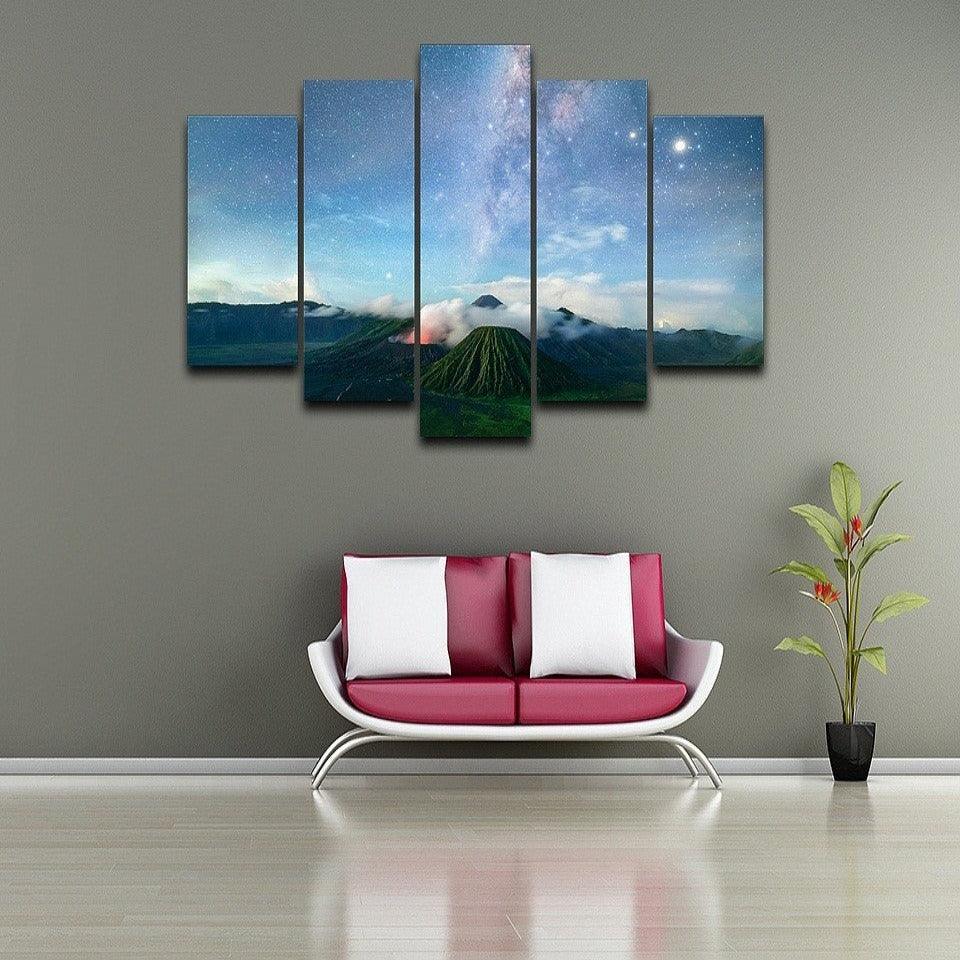 Starry Sky And Volcano 5 Piece HD Multi Panel Canvas Wall Art Frame - Original Frame