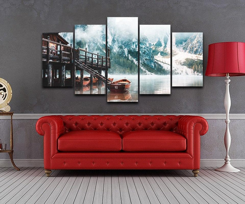 Foggy Lago Di Braies In The Morning 5 Piece HD Multi Panel Canvas Wall Art Frame