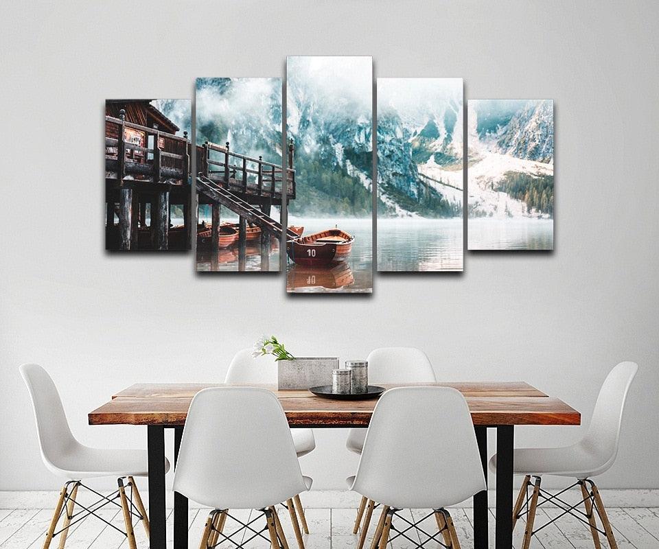 Foggy Lago Di Braies In The Morning 5 Piece HD Multi Panel Canvas Wall Art Frame - Original Frame