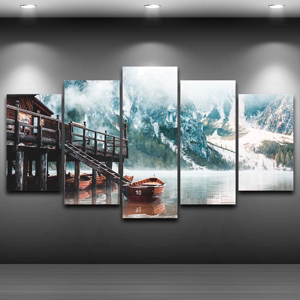 Foggy Lago Di Braies In The Morning 5 Piece HD Multi Panel Canvas Wall Art Frame - Original Frame