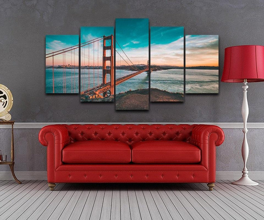 Golden Gate Bridge 5 Piece HD Multi Panel Canvas Wall Art Frame - Original Frame