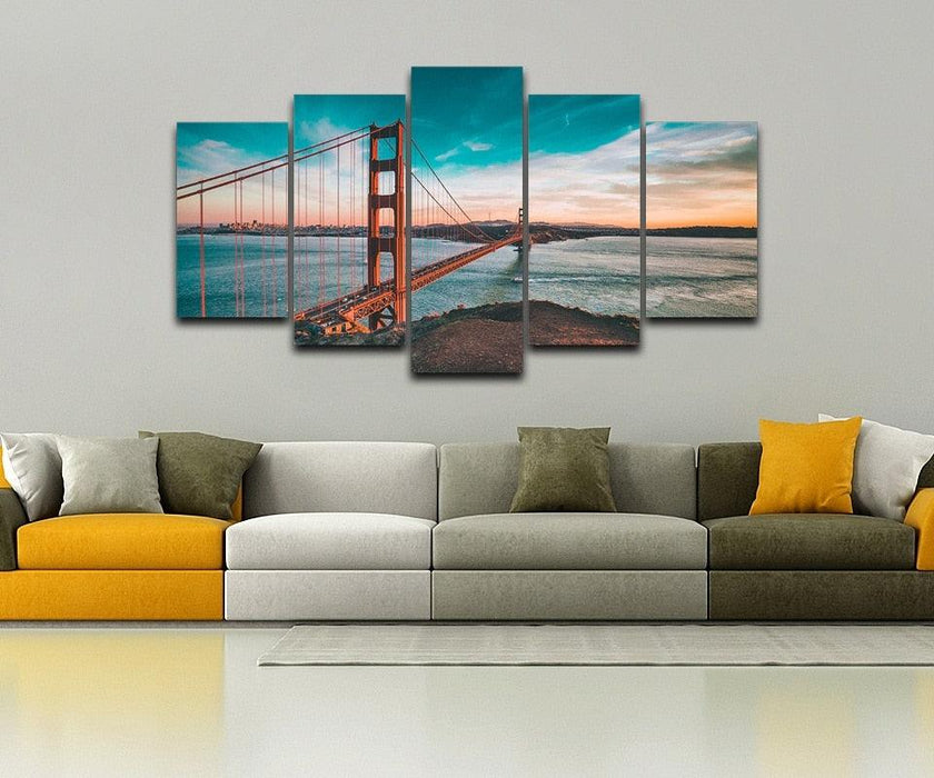 Golden Gate Bridge 5 Piece HD Multi Panel Canvas Wall Art Frame - Original Frame