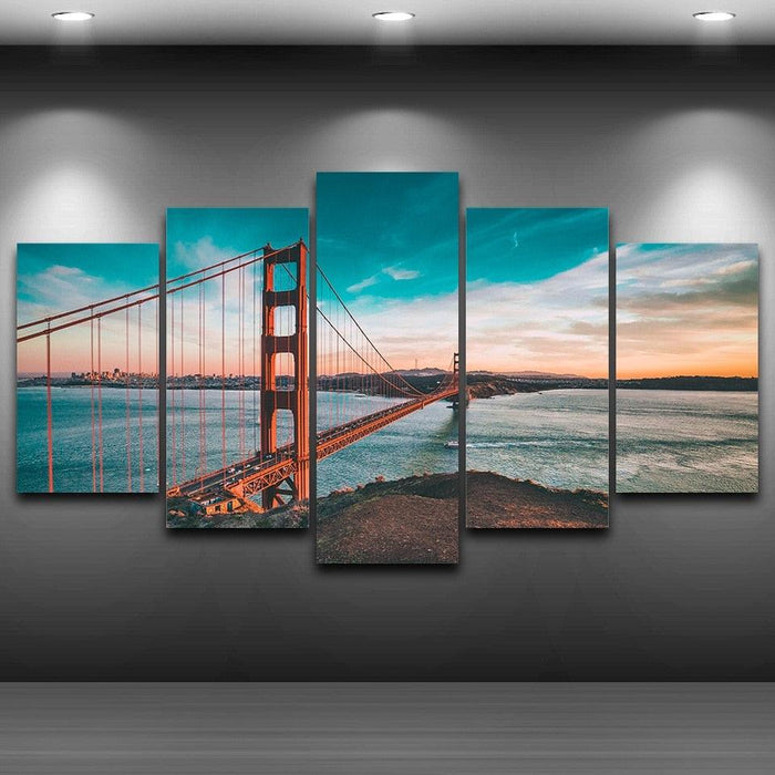 Golden Gate Bridge 5 Piece HD Multi Panel Canvas Wall Art Frame - Original Frame