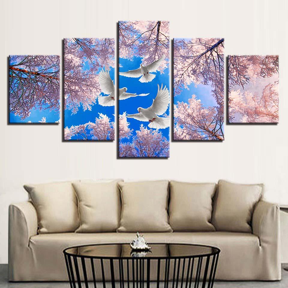 Tree And Doves 5 Piece HD Multi Panel Canvas Wall Art Frame - Original Frame