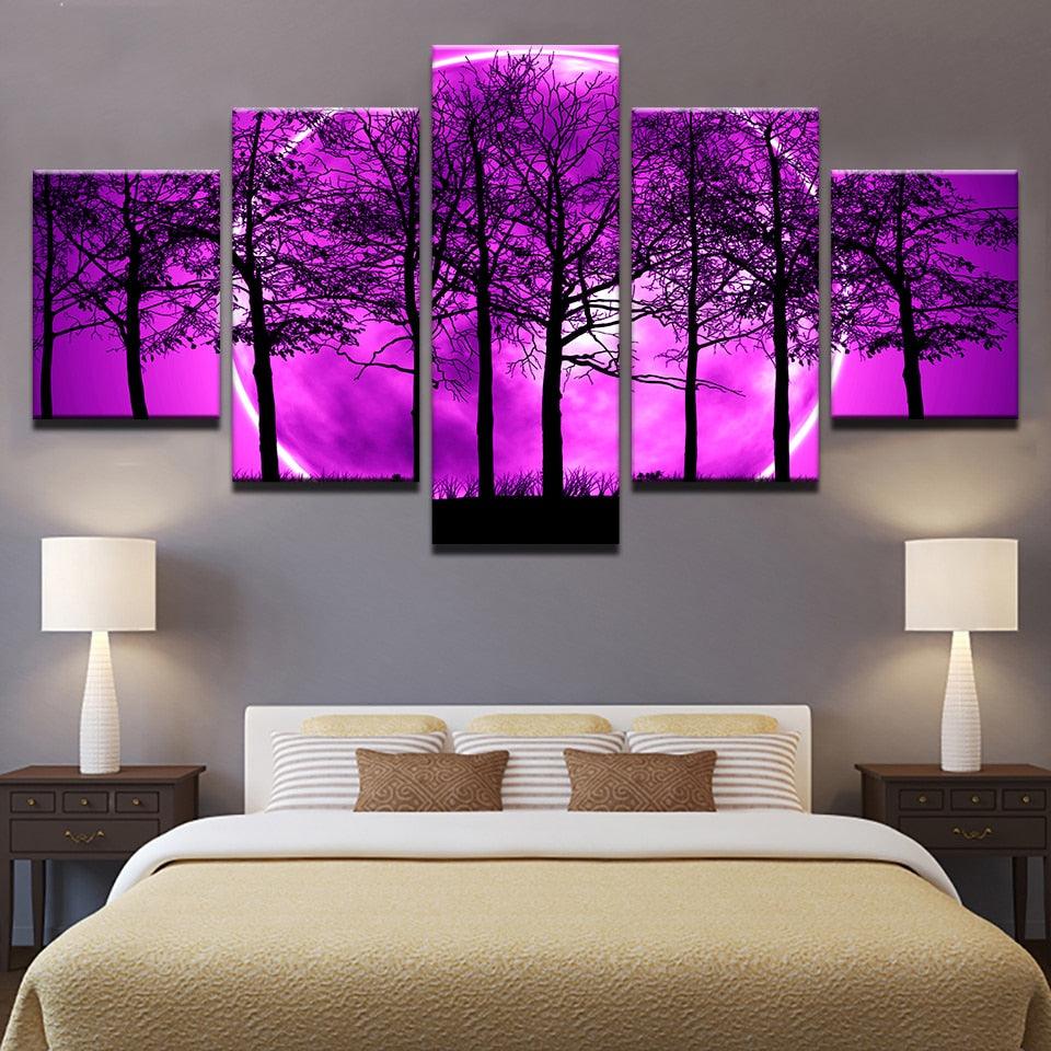 Purple Sky And Trees 5 Piece HD Multi Panel Canvas Wall Art - Original Frame