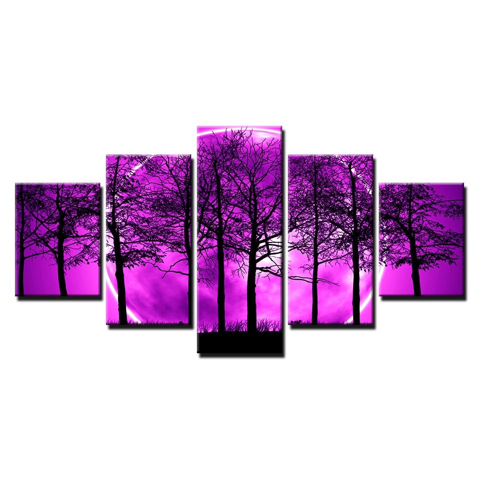 Purple Sky And Trees 5 Piece HD Multi Panel Canvas Wall Art - Original Frame