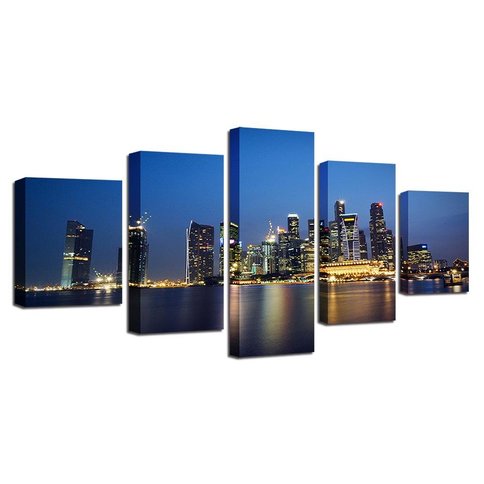 City Night Skyscrapers 5 Piece HD Multi Panel Canvas Wall Art Frame - Original Frame