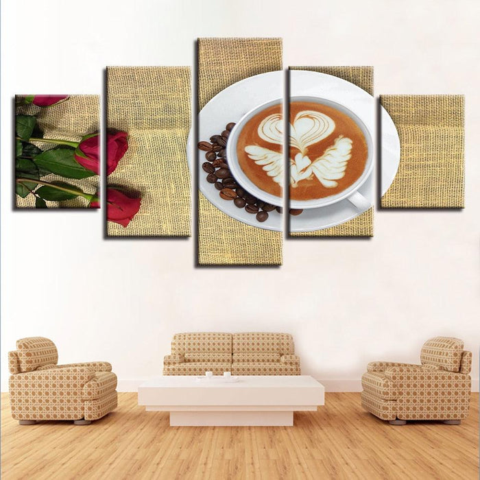 Coffee & Roses 5 Piece HD Multi Panel Canvas Wall Art Frame - Original Frame