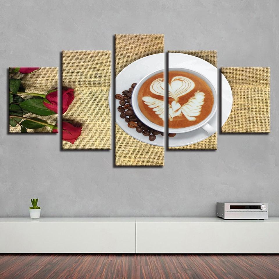 Coffee & Roses 5 Piece HD Multi Panel Canvas Wall Art Frame - Original Frame